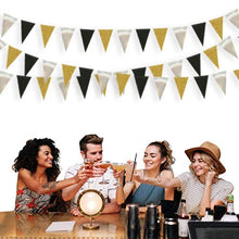 Load image into Gallery viewer, 30 Feet Double Sided Glitter Paper Triangle Flag,Bunting Pennant Banner for Birthday Holiday Wedding Anniversary Graduation Theme Christmas Party Supplies Decorations.(Gold+Mirror-like silver+Black)