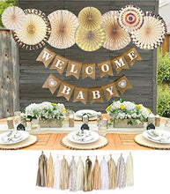 Load image into Gallery viewer, YARA Baby Shower Decorations Neutral | Woodland Rustic Boho Theme Oh Baby Decoration for Girl & Boy, Gender Reveal & Birthdays | Burlap Welcome Baby Banner, Gold & Cream Decor Paper Fans & Tassels