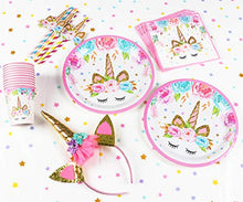 Load image into Gallery viewer, 16 Guests Unicorn Party Supplies Unicorn Party Plates Cups and Napkins Table Cloth Balloons Banner Headband Unicorn Paper Plates Straws Pink Unicorn Birthday Party Decorations for Girls