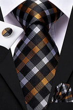 Load image into Gallery viewer, Hi-Tie Silk Mens 3 PCS Tie Set with Gift Box Designer Necktie Handkerchief Cufflinks Silver Ties Clip Set Collection, Pink Gray Orange, Medium