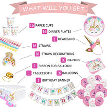 Load image into Gallery viewer, 16 Guests Unicorn Party Supplies Unicorn Party Plates Cups and Napkins Table Cloth Balloons Banner Headband Unicorn Paper Plates Straws Pink Unicorn Birthday Party Decorations for Girls