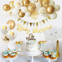 Load image into Gallery viewer, Baby Shower Decorations Boy or Girls, White and Gold Baby Shower Decorations with Mummy to be Sash, Baby Shower Banner, Printed Balloons and Oh Baby Cake Topper, Gold Gender Reveal Decorations
