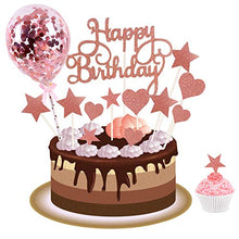Load image into Gallery viewer, Peicci 15pcs Rose Gold Cake Toppers, Happy Birthday Cake Toppers Birthday Cupcake Toppers Cake Decorations with Glitter and 5inch Confetti Rose Gold Balloon