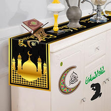 Load image into Gallery viewer, Eid Table Runner, Black Gold Eid Mubarak Decorations for Table, Islamic Ramadan Eid Mubarak Tablecloth for Home Dining Room Muslim Ramadan Mubarak Festival Party Celebration Supply, 180 x 35 cm