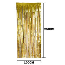 Load image into Gallery viewer, 4 Pack Foil Curtains Metallic Fringe Curtains Shimmer Curtain for Birthday Wedding Party Christmas Decorations (Gold and Black)