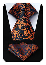 Load image into Gallery viewer, HISDERN Floral Paisley Wedding Tie Handkerchief Men's Necktie & Pocket Square Set, One Size, Orange / Navy Blue
