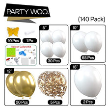 Load image into Gallery viewer, PartyWoo White Balloon Garland, 140 pcs White and Gold Balloon Arch Kit, Confetti Balloons, Metallic Balloons for Wedding, Baptism Decorations, Engagement Party Decor, Anniversary Decorations
