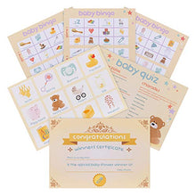 Load image into Gallery viewer, Baby Shower Decorations & Games Pack for Boys/Girls. Unisex Gold/Yellow Design Decos. Bingo + 3 Other Games & Full Set of Baby Shower Decorations - incl Mummy to be Sash, Bunting, Balloons & Confetti.