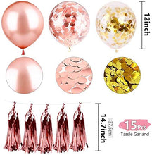 Load image into Gallery viewer, Rose Gold Party Decorations, Bachelorette Party, Balloons for Birthday Party Wedding ( Kit with Balloons, Tassel Garland, Foil Fringe Curtains, Gold Table Runner, Birthday Banner, Ribbons)
