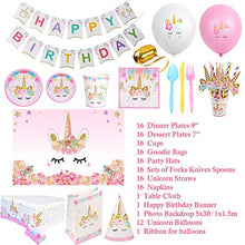 Load image into Gallery viewer, 176 PCs Unicorn Party Supplies Birthday Decorations Paper Plates Cups Napkins Straws Reusable Cutlery Table Cloth Bags Hats Backdrop Banner Balloons Unicorn Party Decorations for Girls 16 Guests