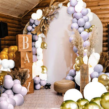 Load image into Gallery viewer, Balloon arch kit 125 Pcs - White, Macron Grey, Gold Metallic Latex Balloons Garland with Knotter and Arch Strip, Birthday Balloons for Boy Girl, Baby Shower, Wedding, and Engagement Party Decorations