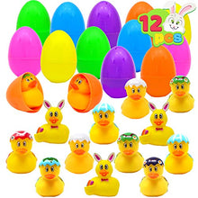Load image into Gallery viewer, JOYIN 12 PCs Filled Easter Eggs with Rubber Duck Duckies, Bright Colorful Easter Eggs Prefilled with variety of Yellow Duckies for Fun Bath