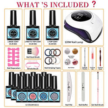 Load image into Gallery viewer, FINGER QUEEN Gel Nail Polish Kit,12 Colors Gel Nail Polish Starter Kit With UV Light 120W High-power LED Nail Lamp , Base Coat, Top Coat, Essential Home Manicure Tools DIY Home Gel Nail Kit for Women