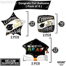 Load image into Gallery viewer, Congrats Grad Graduation Balloons with Graduation Cap Balloons - Black, Silver Graduation Decorations 2021 | Square, Star Congrats Balloons for Class of 2021 | Black Graduation 2021 Decorations Supply
