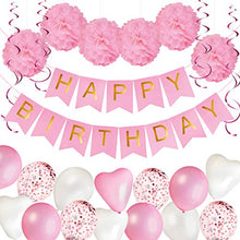 Load image into Gallery viewer, Girls Birthday Decorations | Pre-Assembled Happy Birthday Bunting Banner, Paper Pom Poms, Balloons | Pink Birthday Decoration | Birthday Banners for Girls and Women | Pink White Party Pack