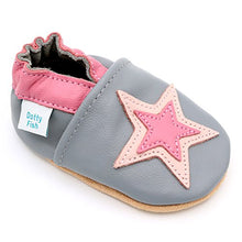 Load image into Gallery viewer, Dotty Fish Soft Leather Baby Shoes. Toddler Shoes. Non Slip. Soft Grey Shoe with Pink Star Design for Girls. 0-6 Months (1 UK Child)