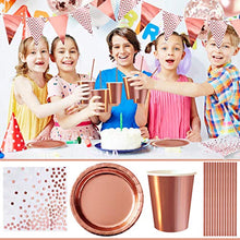 Load image into Gallery viewer, iZoeL Rose Gold Party Decorations Supplies for 16Guests Tableware Bunting Curtain Tablecloth Plates Napkins Cups Straws Balloon Birthday Wedding Hen Party Anniversary