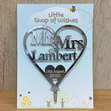 Load image into Gallery viewer, Personalised Mr & Mrs Wedding Heart Cake Topper Decorations 25th Anniversary Keepsake - Title Surname Date Decor (12.5cm) Silver Mirror Acrylic