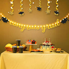 Load image into Gallery viewer, Congrats Grad Banner Gold and Black, Congrats Grad Glittery Banner with 8 Modes LED String Lights Gold Graduation Party Decorations 2022 Congratulations Grad Party Decor Supplies