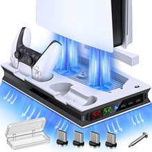 Load image into Gallery viewer, PS5 Stand with Suction Cooling Fan & Dual Controller Charger Station for Sony Playstation 5 Console & Dualsense, PS5+Stand with PS5 Cooling Station PS5 Accessories Cooler Fan Charging Station
