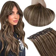 Load image into Gallery viewer, RUNATURE Clip in Hair Extensions Real Hair Darkest Brown Mix Honey Blonde Clip in Double Weft Hair Extension Clip in Human Hair Clip on Highlights Hair Extensions 14 Inch 50g 3 Pieces