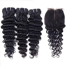 Load image into Gallery viewer, Deep Wave Bundles With Closure T Middle Part Brazilian Curly Human Hair Bundles With Lace Closure Unprocessed Weave Human Hair Bundles With 4x4x1 Closure Natural Color (10 12 14+10 Inch, 70g/bundle)