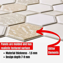 Load image into Gallery viewer, Modern 3D Honeycomb Hexagon Tile Effect Wall Panels with Glitter - Set 16 Panels - 9.92 sqm | 107.36 Sqf - Interior Kitchen Splashback and Bathroom PVC Plastic Cladding Sheets in Beige Cream Caramel