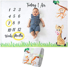 Load image into Gallery viewer, Baby Monthly Milestone Blanket | for Boy or Girl, Unisex | Month Blanket Baby for Pictures | Jungle Safari, Giraffe & Monkey Theme | Personalized Shower Gifts New Moms | Track Age & Growth