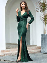 Load image into Gallery viewer, Ever-Pretty Women's Long Sleeve V Neck Floor Length Elegant Mermaid with Thigh High Slit Sequin Wedding Guest Dresses Dark Green 14UK