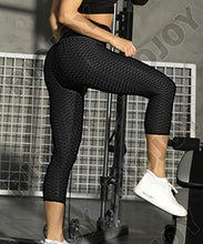 Load image into Gallery viewer, RIOJOY Capri Sports Leggings for Women Ruched Butt Honeycomb Texture 3/4 Length Cropped Running Tights, Black ,M