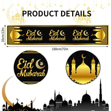 Load image into Gallery viewer, Eid Table Runner, Black Gold Eid Mubarak Decorations for Table, Islamic Ramadan Eid Mubarak Tablecloth for Home Dining Room Muslim Ramadan Mubarak Festival Party Celebration Supply, 180 x 35 cm
