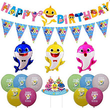 Load image into Gallery viewer, Party Squad shark party theme happy birthday decoration set birthday banner balloons with shark family helium balloons cake topper and bunting banner for kid’s birthday decoration girls and boys
