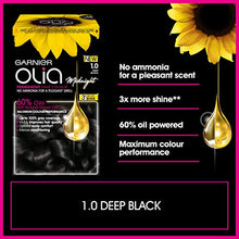 Load image into Gallery viewer, Garnier Olia Permanent Hair Dye, Up to 100% Grey Hair Coverage, No Ammonia, 60% Oils, Midnight 1.0 Deep Black