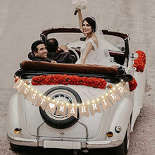 Load image into Gallery viewer, Just Married Burlap Banner, Wedding Bunting Banner with LED Fairy String Light 8 Flicker Mode, Hanging Sign Garland Pennant Photo Booth Props for Bridal Shower Wedding Engagement Car Party Decoration