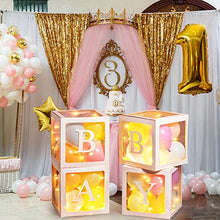 Load image into Gallery viewer, Baby Shower Boxes Party Decorations with 4 Warm White Fairy Lights and 32 Balloons, 4 PCS Transparent Boxes Baby Shower Blocks for Girls Boys Baby Shower Decorations ()