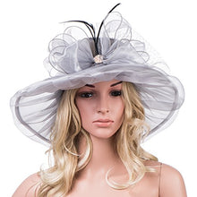 Load image into Gallery viewer, Lawliet Womens Organza Wide Brim Sun Wedding Occasion Patry Feather Cocktail Hat Travel Outgoing A342(Gray)