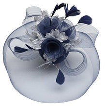 Load image into Gallery viewer, Feather Flower Fascinator Hat Veil Net Hair Clip Ascot Derby Races Wedding (Navy and Silver)