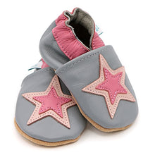 Load image into Gallery viewer, Dotty Fish Soft Leather Baby Shoes. Toddler Shoes. Non Slip. Soft Grey Shoe with Pink Star Design for Girls. 0-6 Months (1 UK Child)