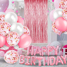 Load image into Gallery viewer, iZoeL Pink Birthday Party Decoration for Girls Happy Birthday Banner Baloons Fringe Curtain Foil Tablecloth Heart Star Foil Confetti Balloons and 10g Table Confetti for Women Birthday Party