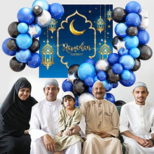 Load image into Gallery viewer, Blue Eid Mubarak Decorations, Blue Ramadan Mubarak Balloon Arch Kit, Blue Eid Banner Muslim Ramadan Backdrop Background for Muslim Ramadan Party Supplies (Banner + Balloon)