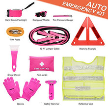 Load image into Gallery viewer, THINKWORK Car Emergency Kit for Teen Girl and Lady's Gifts, Pink Emergency Roadside Assistance kit with 10FT Jumper, First Aid Kit, Safety Hammer, Tow Rope, and More Ideal Pink Car Accessories Tool