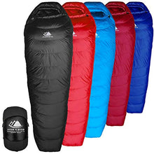 Load image into Gallery viewer, Hyke & Byke Snowmass -15 Degree C Down Sleeping Bag with ClusterLoft Base for Backpacking, Ultralight Mummy Down Bag with Lightweight Compression Sack and Five (5) Color Options