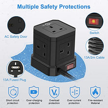 Load image into Gallery viewer, Cube Extension Lead with USB Slots, 5 Way Plug Extension with 4 USB(3.1A), KEPLUG Black Multi Plug Power Strip 2m Extension Cable,3250W/13A UK Power Socket Extension Cord for Desk Home Office Travel