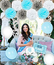 Load image into Gallery viewer, Elephant Baby Shower Decorations Boy, Welcome Baby Banner Bunting, Foil Letter Balloon Blue, MOMMY TO BE Sash, Elephants Cake Toppers, Pom Poms for Elephant Baby Shower Party Supplies