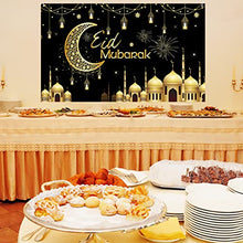Load image into Gallery viewer, Eid Mubarak Backdrop Banner, Black Gold Eid Mubarak Sign Banner with Stars Moon Mosque, Extra Large Fabric Muslim Ramadan Photo Booth Wall Background Decorations for Islamic Al-fitr Festival Party