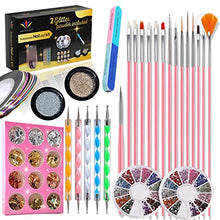 Load image into Gallery viewer, Nail Art kit Accessories, 15pcs Nail Art Brushes, Tools, Nail Pen designing Dotting, Colourful Nail foil, Stripping Manicure Tape, Rhinestone, Nail Glitter Powder, Nail File, Supplies In Nail Art Set