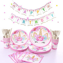 Load image into Gallery viewer, Himeland 129 Pcs Unicorn Birthday Decorations for Girls, Pink Unicorn Party Supplies and Plates for Birthday, Disposable Tableware Kit Serves 16 (Plates Cups Napkins Tablecloth Paper Banner)