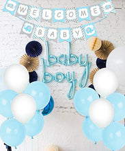 Load image into Gallery viewer, Elephant Baby Shower Decorations Boy, Welcome Baby Banner Bunting, Foil Letter Balloon Blue, MOMMY TO BE Sash, Elephants Cake Toppers, Pom Poms for Elephant Baby Shower Party Supplies