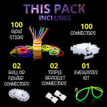 Load image into Gallery viewer, 100 Premium Glow Sticks for Children- 205 Pcs-Party Pack with Eye Glasses kit-Bracelet Connectors- Neon Necklaces and Balls for Party Supplies-Multi Colored Non Toxic