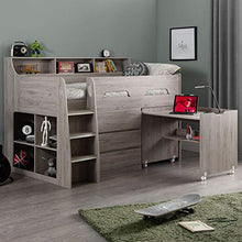 Load image into Gallery viewer, Grey Oak Wooden Kids Bed, Happy Beds Jupiter Mid Sleeper with Storage and Desk - 3ft Single (90 x 190 cm) Frame Only
